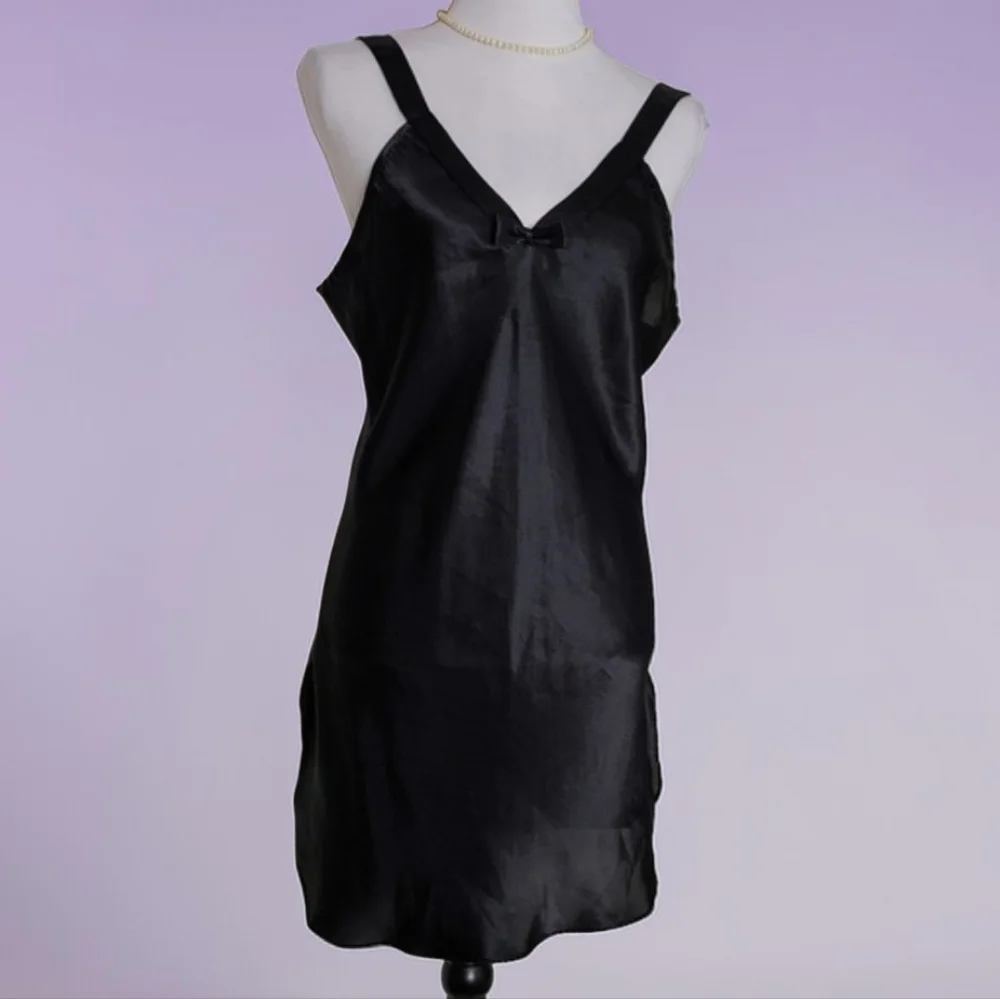 Vintage Black Satiny Night Slip Lingerie Chemise 80s Luxury Sexy Comfy Intimate
